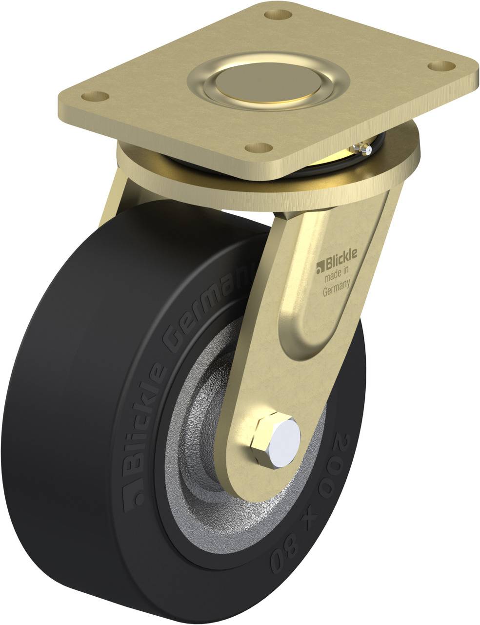 Drehrichtungsfeststellbares Rollengehäuse aus Metall mit schwarzem Rad, wahrscheinlich für Transportgeräte oder Möbel gedacht.