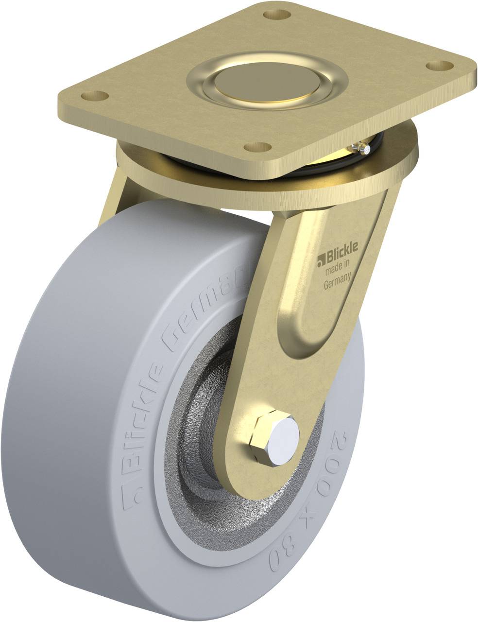 Rollenlager mit grauer Rollenfläche und goldfarbenem Metallgehäuse, geeignet für schwere Lasten, 