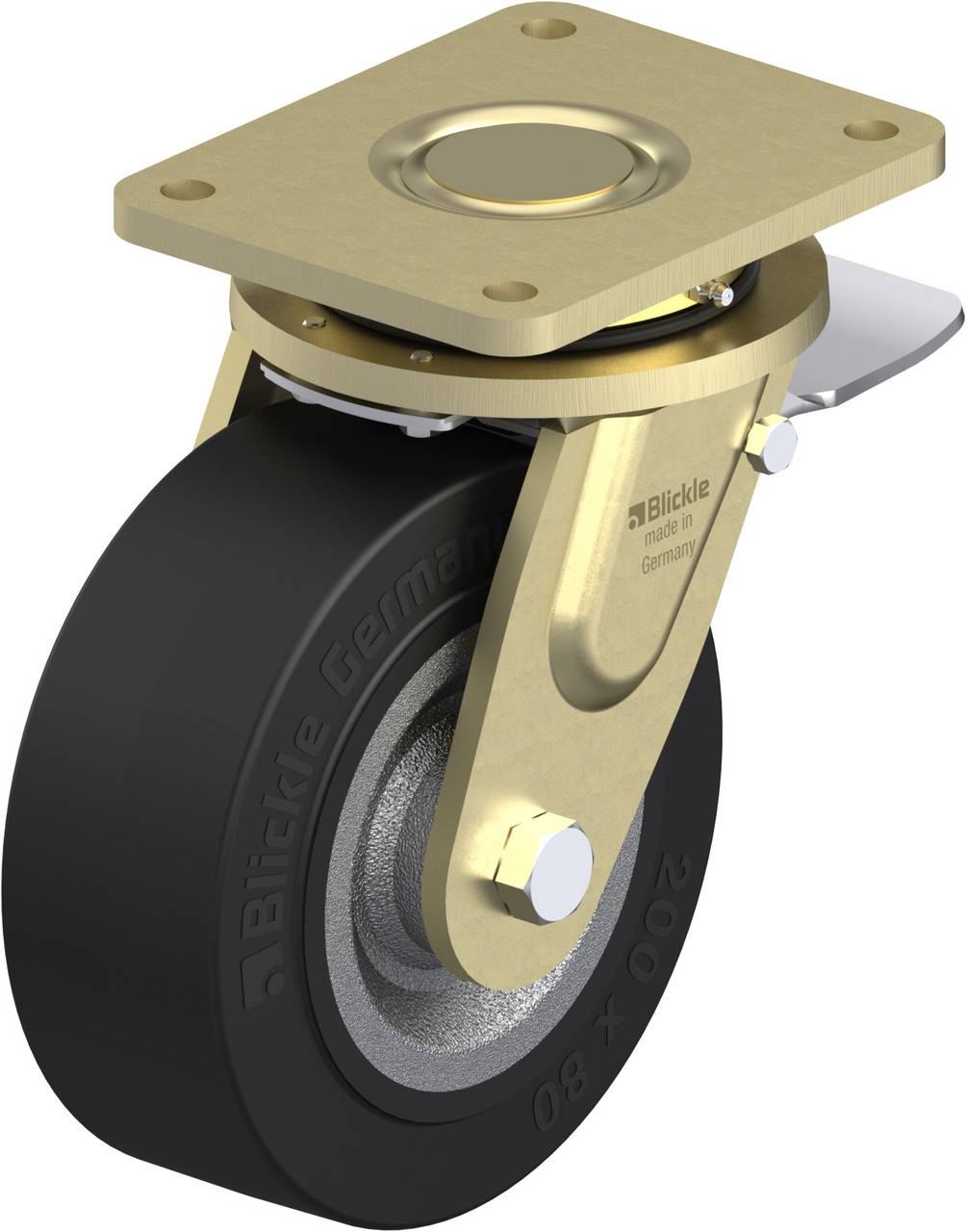 Schwenkrolle mit schwarzem Rad und goldener Halterung, hergestellt in Deutschland. Geeignet für schwere Lasten und industrielle Anwendungen.