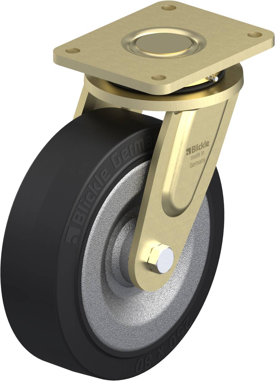 Ein schwarzes Rad mit goldener Halterung und Montageplatte, vermutlich ein Schwerlast- oder Industrierollenrad, mit 'Blickle Germany' Beschriftung.