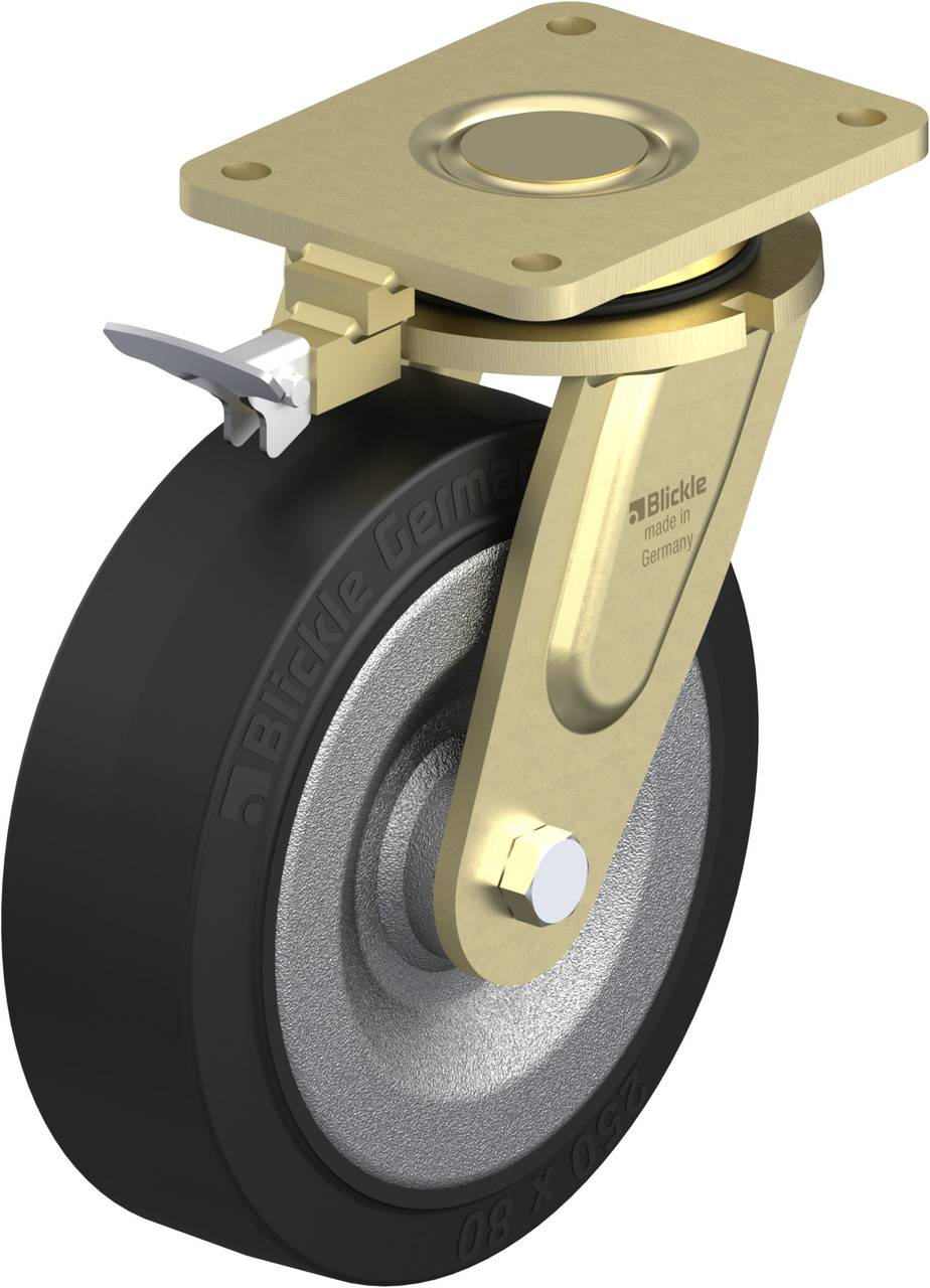 Das Bild zeigt ein goldfarbenes, drehbares Transport-Rad mit schwarzem Gummi-Reifen und silbernem Metallkern.