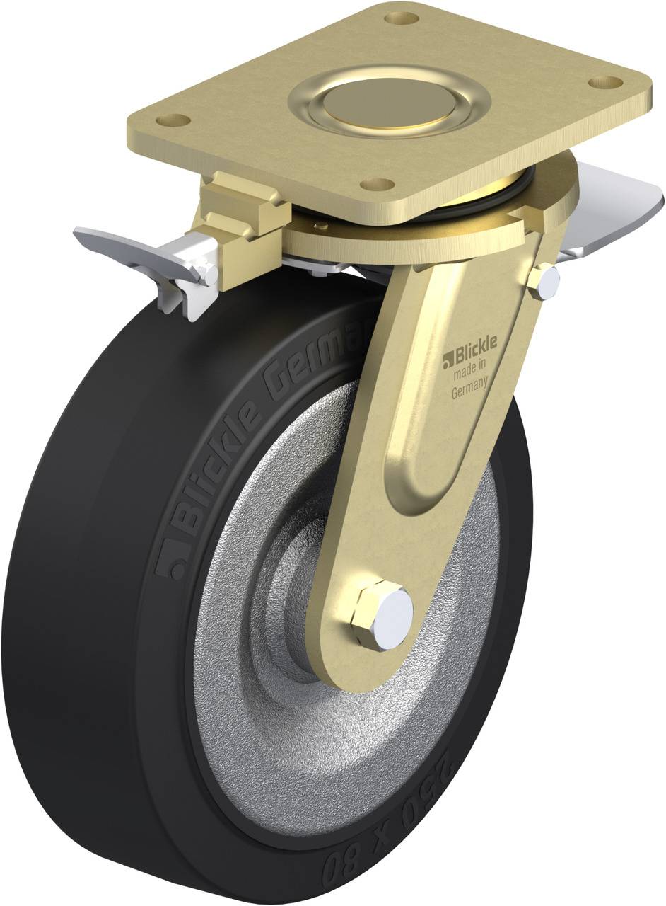 Industrielles Schwerlast-Lenkrolle mit schwarzem Rad und goldenem Befestigungsgehäuse, geeignet für Hochlastanwendungen.