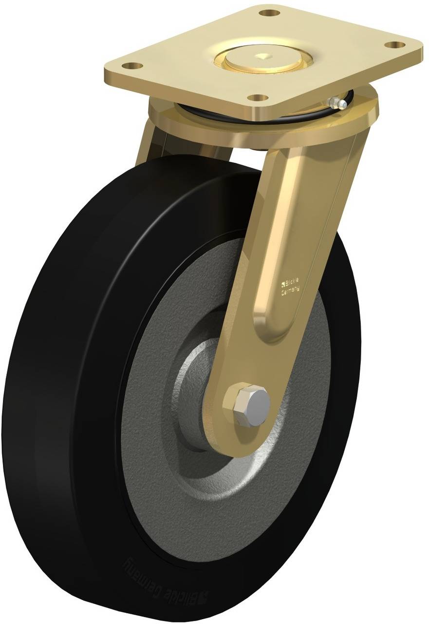 Drehrad mit schwarzem Gummi und goldener Halterung, seitliche Ansicht. Geeignet für Transportwagen und Möbelsysteme.