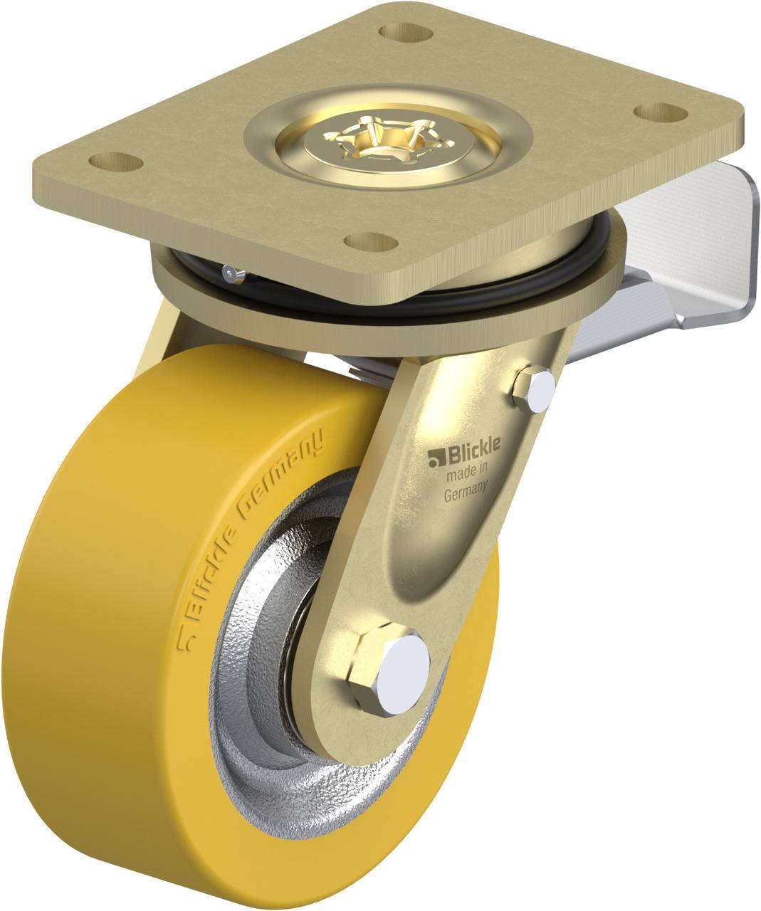 Industrie-Lenkrolle mit gelbem Rad, Befestigungsplatte und robustem Gehäuse; verwendet für Transportwagen und Maschinen.