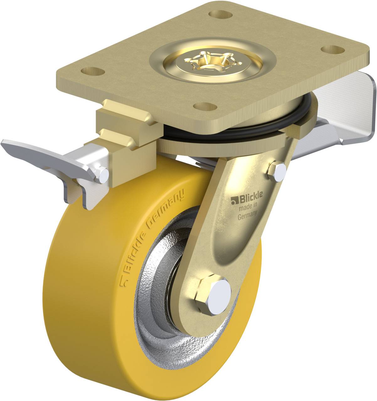 Bewegliches Rad aus Metall und gelbem Gummi mit Befestigungsplatte, vor einer weißen Wand.