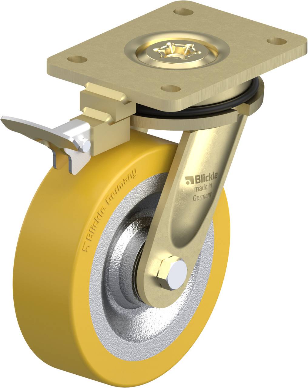 Schwenkrolle mit gelbem Rad und flacher Metallhalterung, geeignet für industrielle Anwendungen; Aufschrift 'Blickle, made in Germany'.