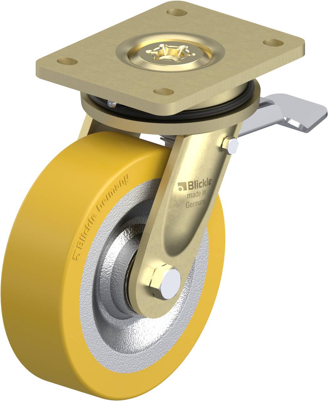 Gelbes Bockrollenrad aus Metall mit Feststellbremsen, geeignet für Montage oder Konstruktion.