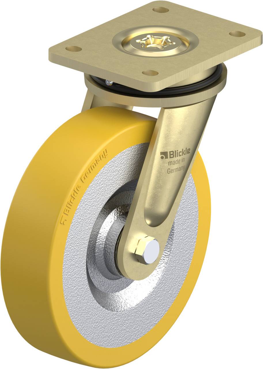 Ein gelbes Rad mit einer Metallhalterung und Drehplatte, geeignet für Schwerlastanwendungen. Inschrift auf der Halterung: 'Blickle'.
