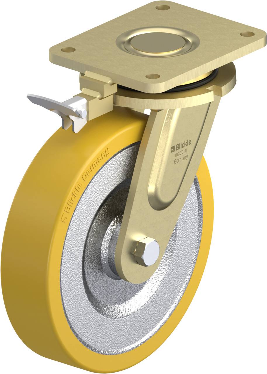 Schwenkrolle mit gelbem Rad und Befestigungsplatte aus Metall, geeignet für industrielle Anwendungen.