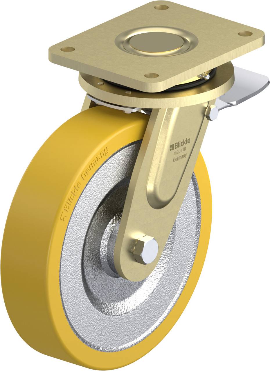 Industrie-Schwenkrolle aus Metall mit gelbem Rad und Platte zum Befestigen. Geeignet für schwere Lasten und industrielle Anwendungen.