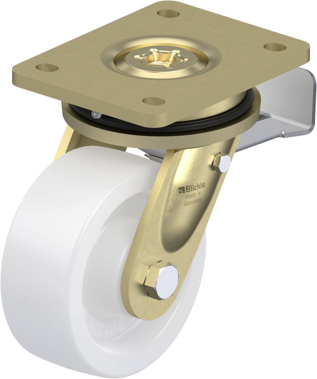 Schwenkrolle mit weißem Rad und goldfarbenem Gehäuse; für den Einsatz an Möbeln oder Geräten geeignet; robustes Design für leichten Transport.