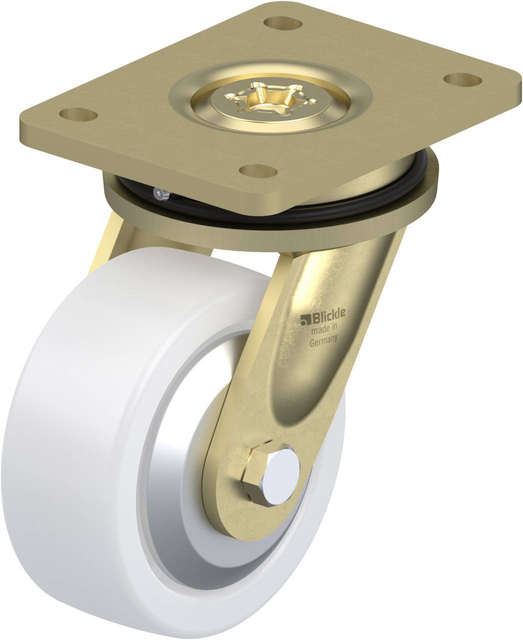 Das Bild zeigt eine drehbare Rolle mit einer goldenen Metallhalterung und weißem Rad, montiert an einer rechteckigen Metallplatte.