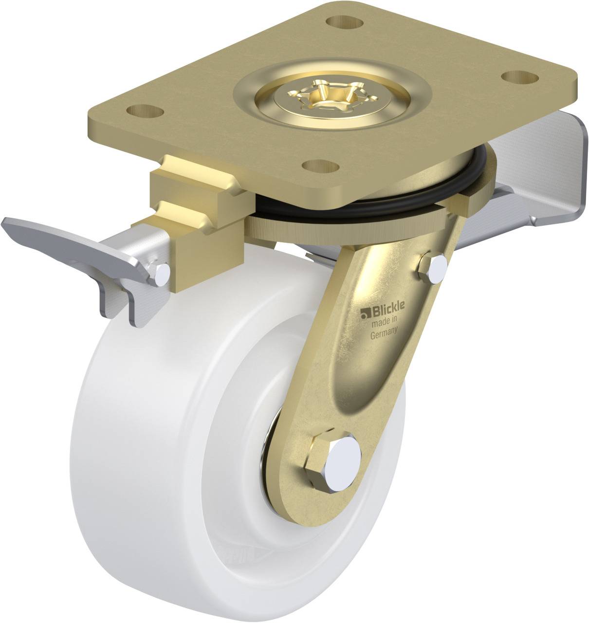 Schwenkrolle mit weißem Rad, goldfarbenem Gehäuse und Befestigungsplatte. Geeignet für Transportgeräte und Möbel.