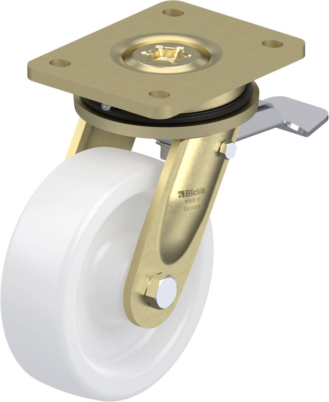 Drehbares Rad mit weißem Radkörper und goldenem Metallrahmen, ausgestattet mit einer Bremse. Geeignet für Möbel oder Gerätebewegung.