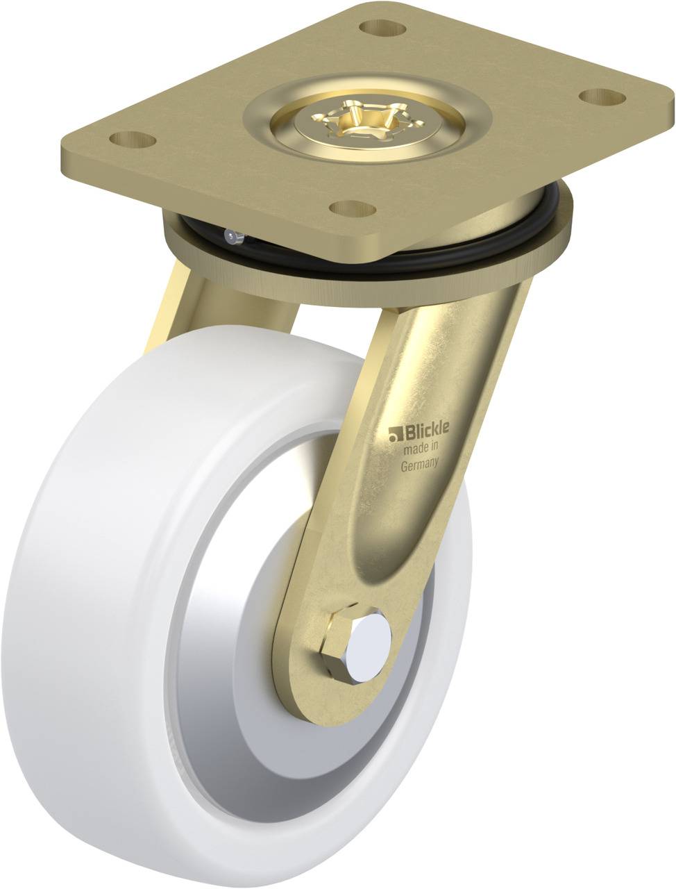Industrie-Lenkrolle mit weißem Rad und goldfarbenem Gehäuse, geeignet zur Befestigung an Geräten oder Möbeln.