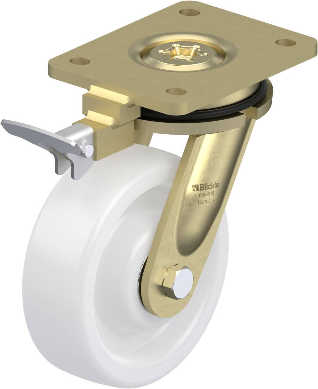 Rollenrad mit einer Platte zur Befestigung, goldfarben, mit weißem Rad und integriertem Bremsmechanismus.