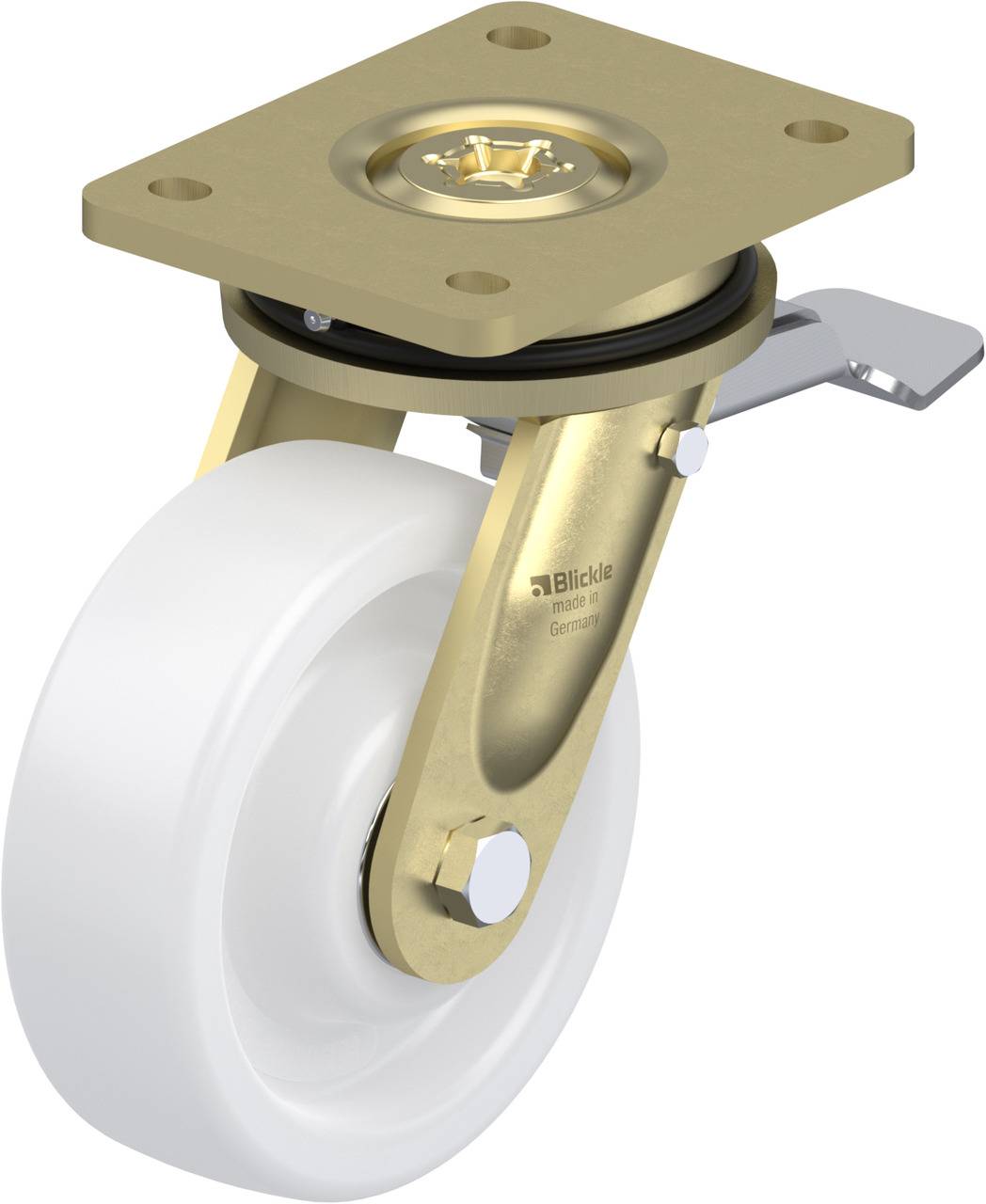 Ein weißes Rad mit goldener Halterung und Bremse, Teil eines Rollensystems von 'Blickle Rader+Rollen', für bewegliche Objekte bestimmt.