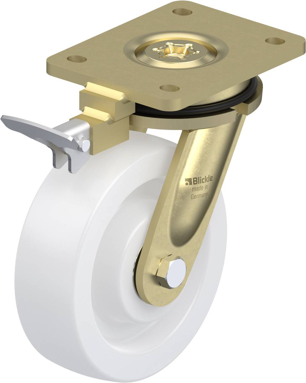 Ein weißes Lenkrollenrad mit goldener Halterung und Bremsmechanismus, hergestellt von 'Blickle', Made in Germany.