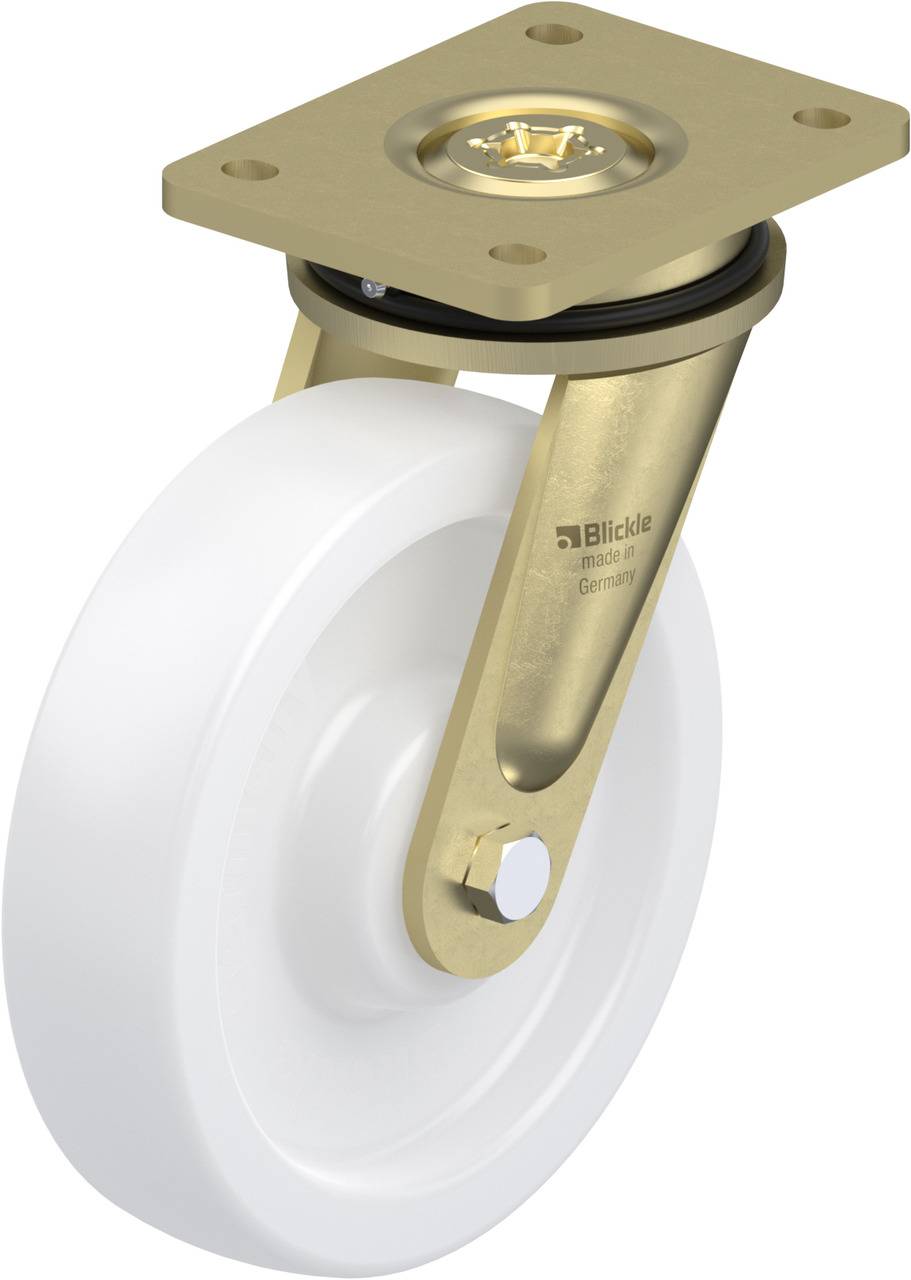 Ein weißes Rad mit goldener Halterung und Metallplatte. Die Aufschrift 'Blickle made in Germany' ist auf der Halterung sichtbar.