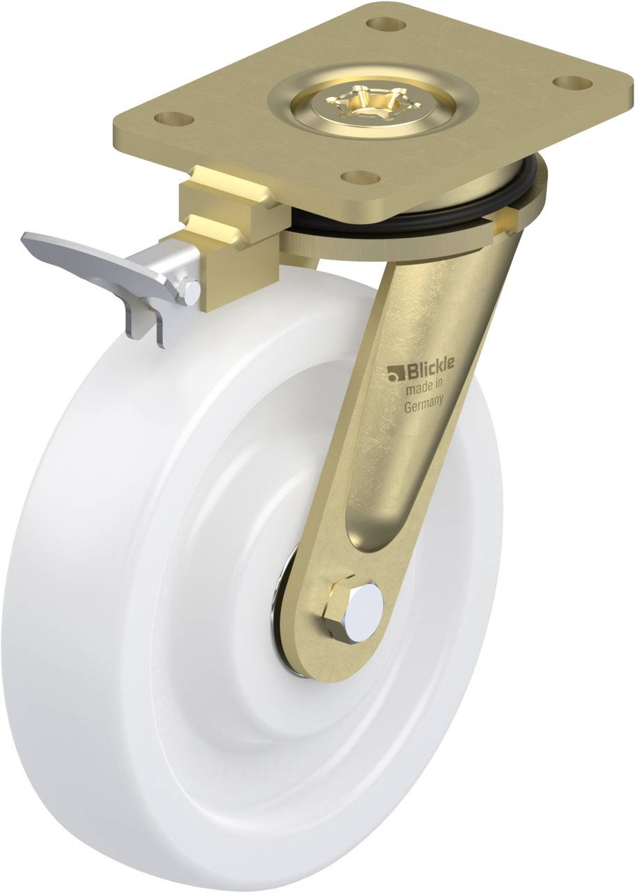 Metallisches Lenkrolle mit weißem Rad, geeignet für den Einsatz an Möbeln oder Geräten. Mit Bremse und Drehgelenk für Beweglichkeit.