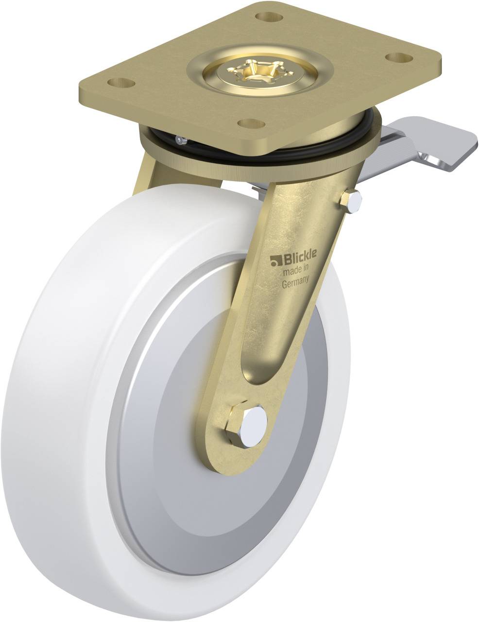 Metallisches Drehrad mit weißem Reifen, Schwenkgelenk und Halteplatte, geeignet für industrielle Anwendungen.
