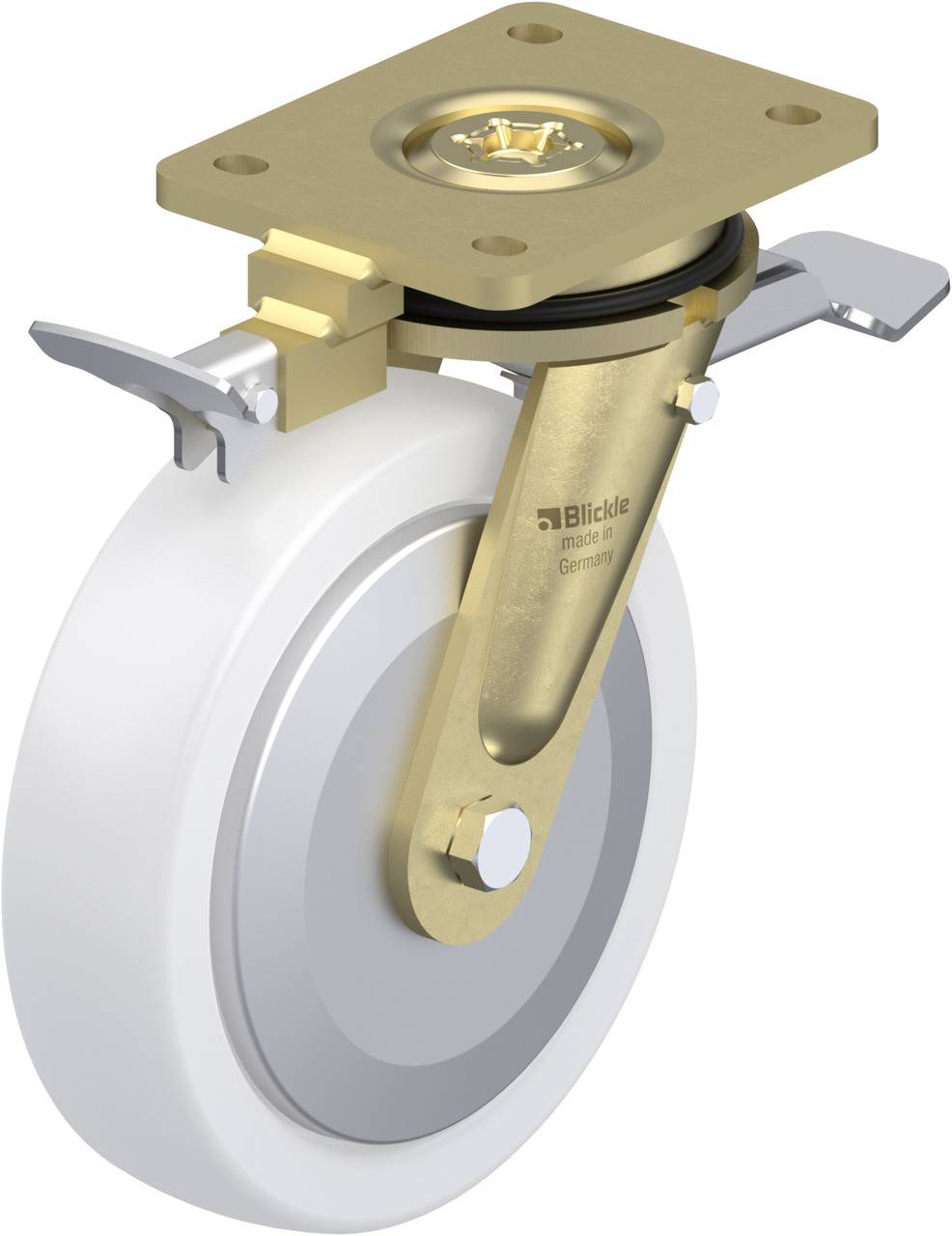 Ein weißes Rad mit goldener Halterung und Bremse, Aufschrift 'Blickle - made in Germany'.