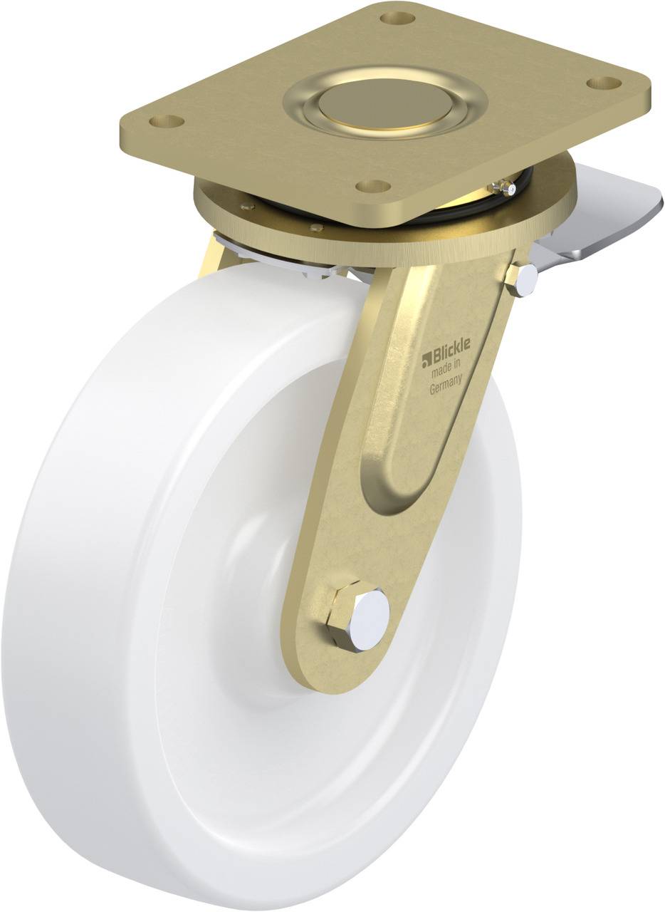 Lenkrolle mit einem goldfarbenen Gehäuse und weißem Rad, geeignet für Möbel oder Transportwagen. Sie verfügt über eine Befestigungsplatte.