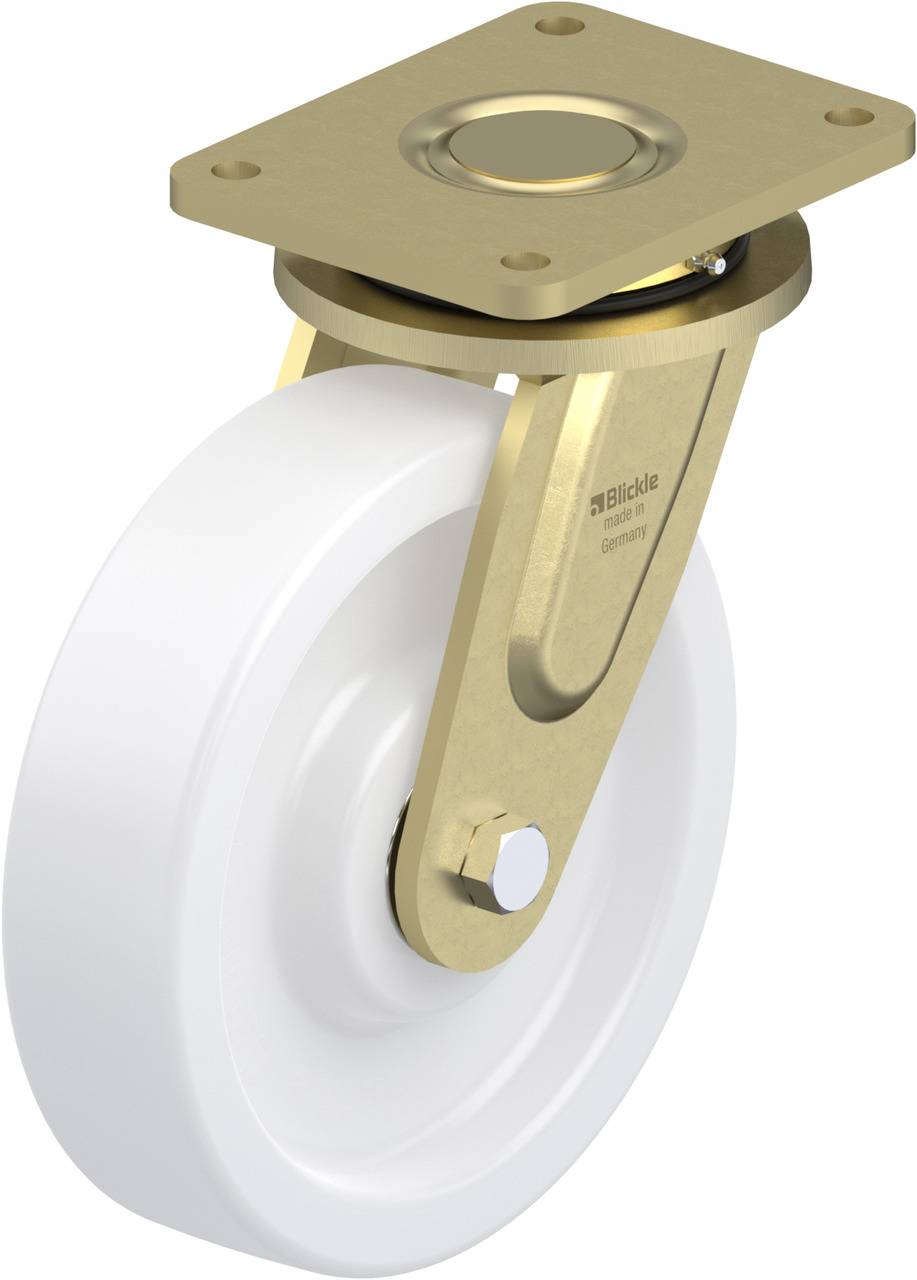 Ein weißes Stützrad mit goldenem Metallrahmen und Befestigungsplatte von der Marke Blickle.