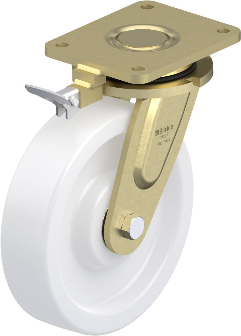 Industrie-Lenkrolle mit weißem Rad und goldfarbenem Metallgehäuse, Bremshebel an der Seite, geeignet für Transport und Logistik.