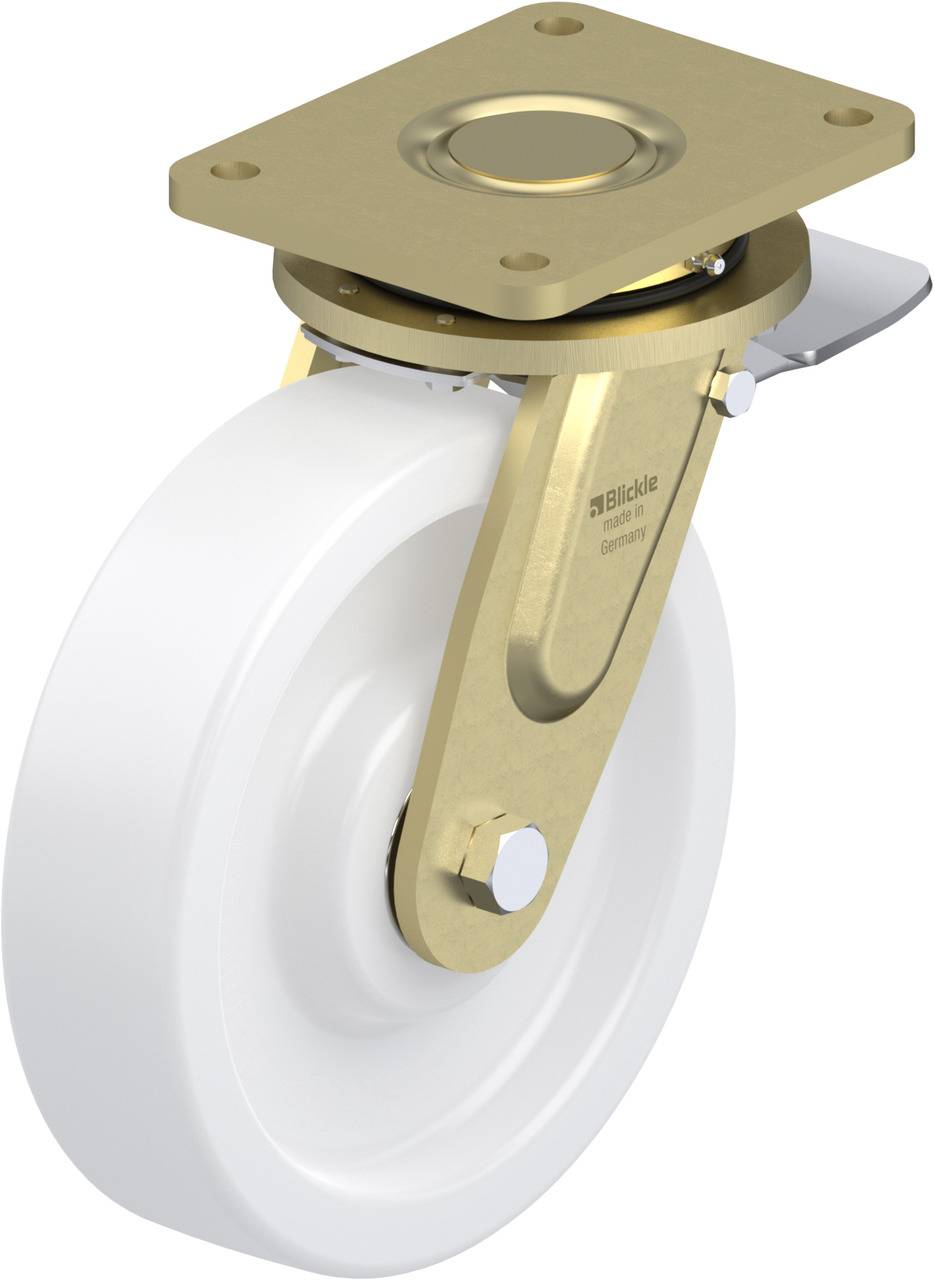 Ein drehbares Rad mit einer goldfarbenen Halterung und einer weißen Kunststoffrolle, geeignet für Trolleys oder Möbel.