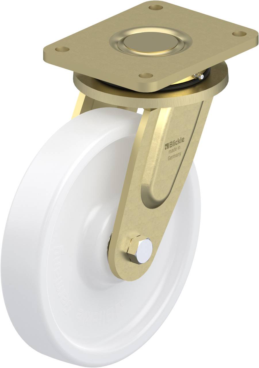 Weißes Rad mit goldfarbenem Metallrahmen, geeignet zur Befestigung an Möbeln oder Geräten zwecks einfacher Mobilität.