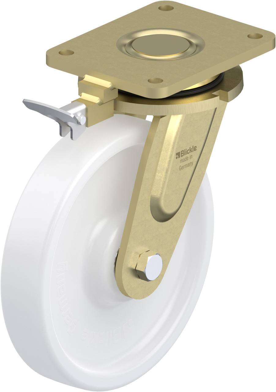 Eine weiße Transportrolle mit goldfarbenem, drehbarem Metallgehäuse, seitlichem Bremselement und der Aufschrift 'Blickle'.