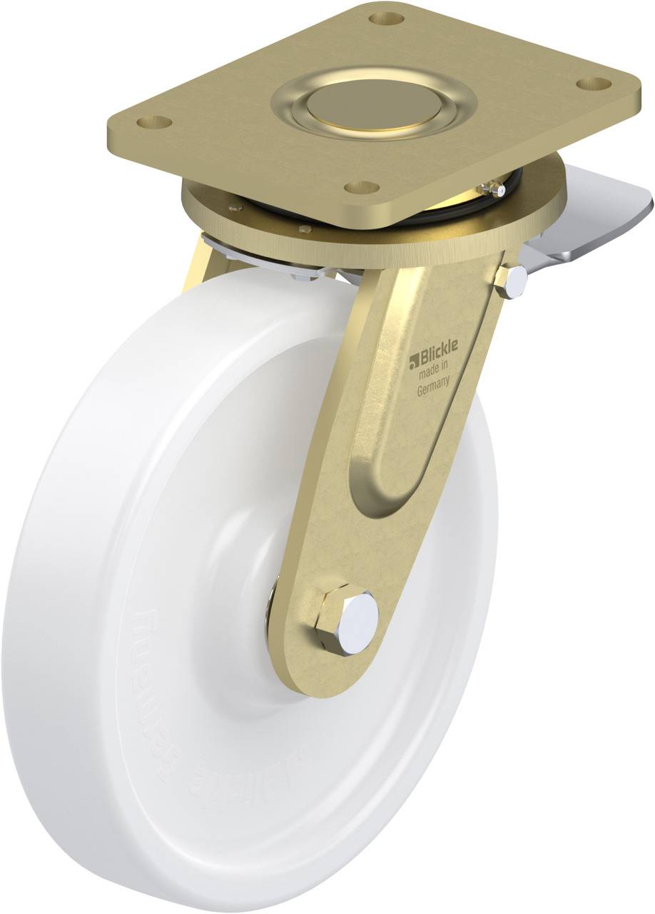 Lenkrolle mit weißem Rad und goldener Halterung, geeignet für Möbel oder Transportmittel zum leichten Bewegen.