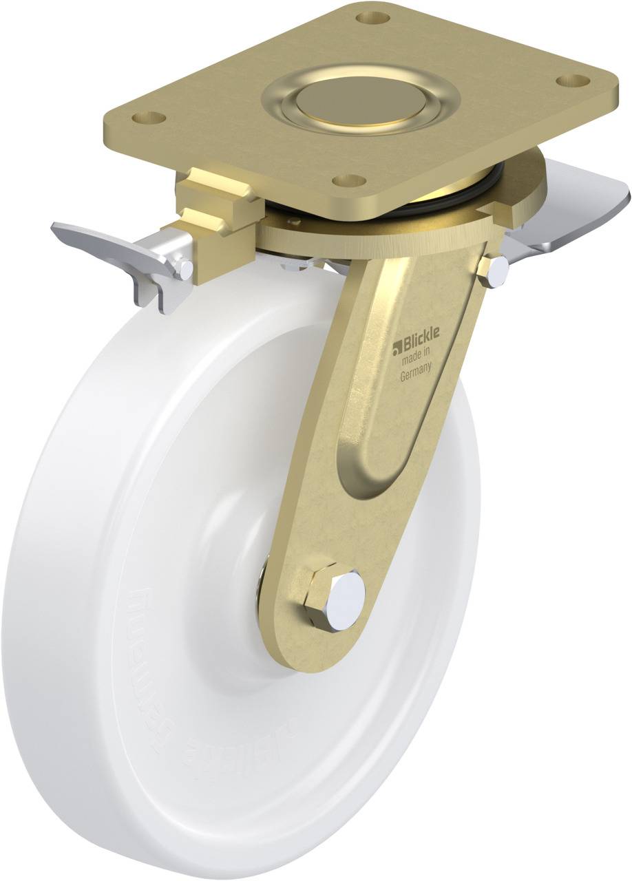Schwenkrolle mit weißem Rad und goldfarbenem Gehäuse, Hebel an der Seite.