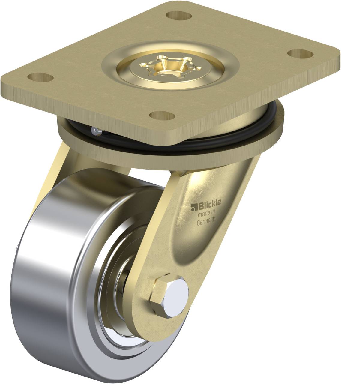 Eine goldfarbene Kugeldrehrolle mit Metallrad, geeigneter für industrielle Anwendungen, mit quadratischer Montageplatte.