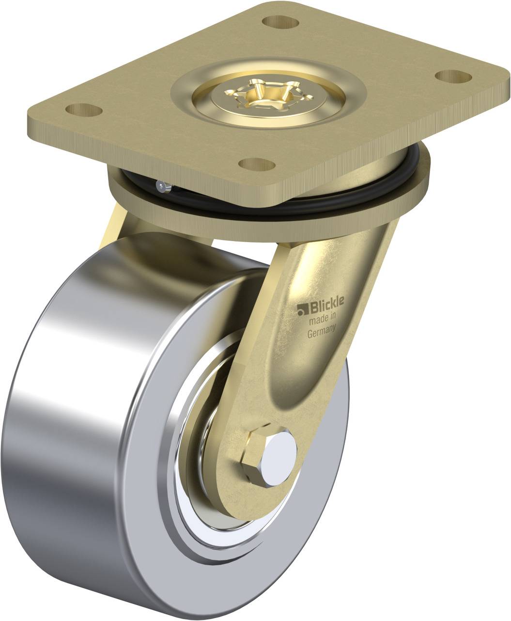 Eine goldfarbene Lenkrolle mit silbernem Rad, befestigt an einer rechteckigen Metallplatte mit Schrauböffnung oben.