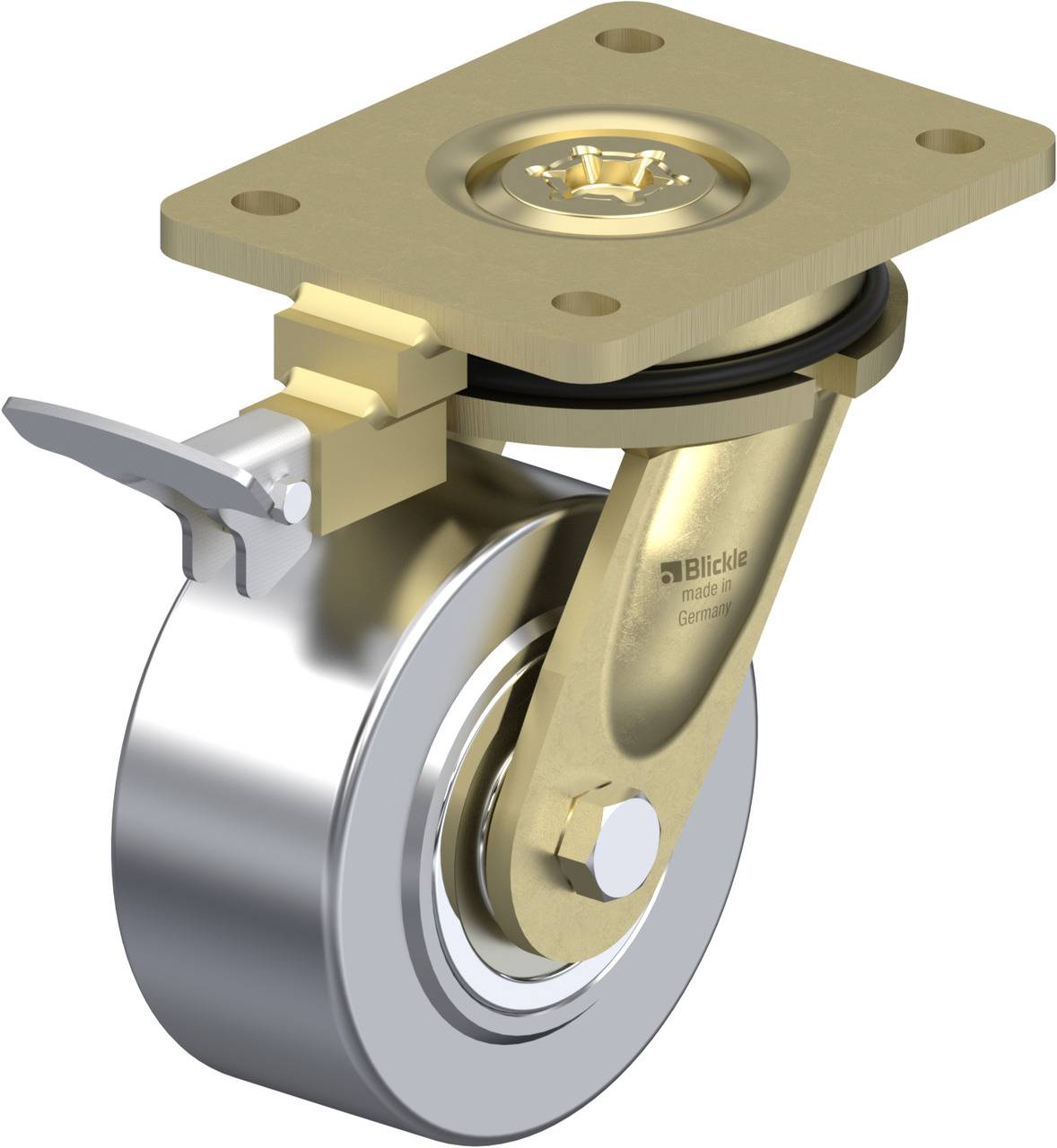 Drehbares Rad aus Metall mit Bremse, montiert an einer rechteckigen Platte. Geeignet für industrielle Anwendungen.