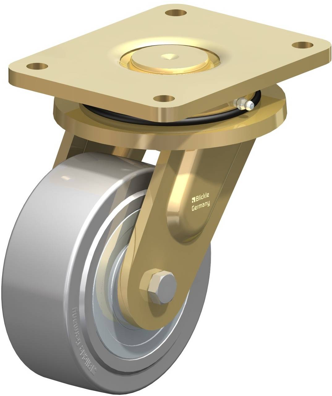 Schwenkrolle aus stabilem Metall mit festem Gehäuse und glatter, silberner Radfläche, geeignet für Industrieanwendungen.