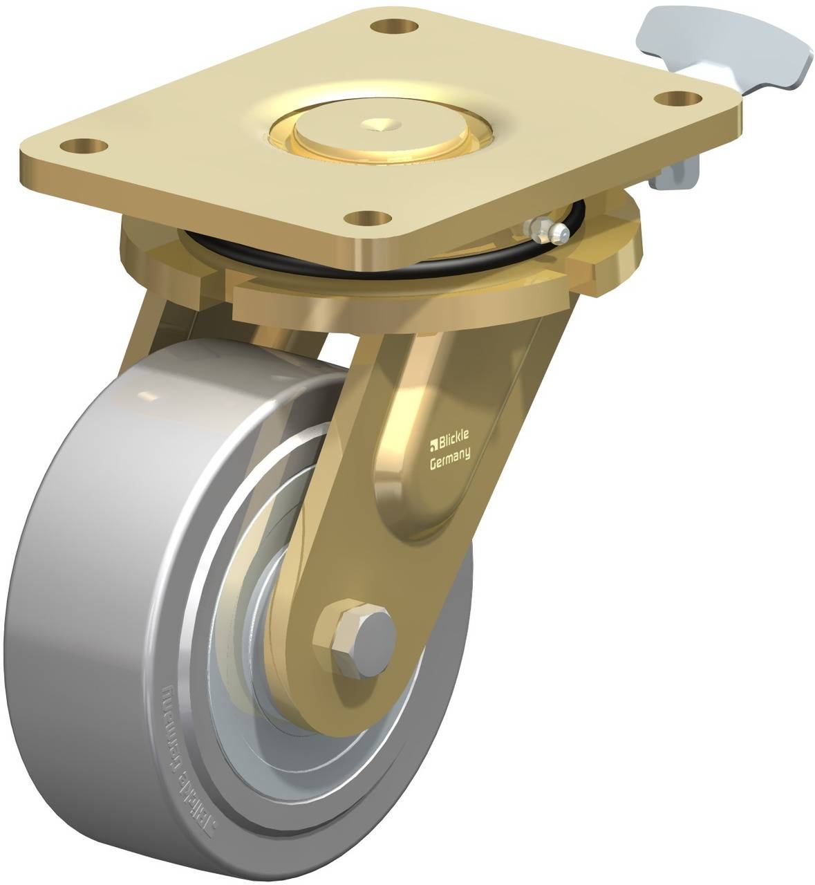 Vergoldetes Lenkrollenrad mit rechteckiger Platte und Bremse, geeignet für Möbel oder Geräte, zeigt Stabilität und Beweglichkeit.