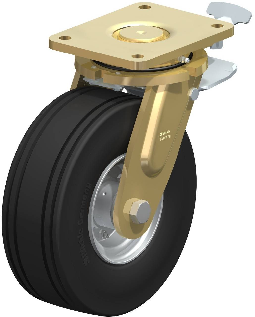 Industrie-Schwenkrolle mit schwarzem Gummireifen und goldenem Metallgehäuse. Enthält einen Hebel zur Feststellung, geeignet für schwere Lasten.