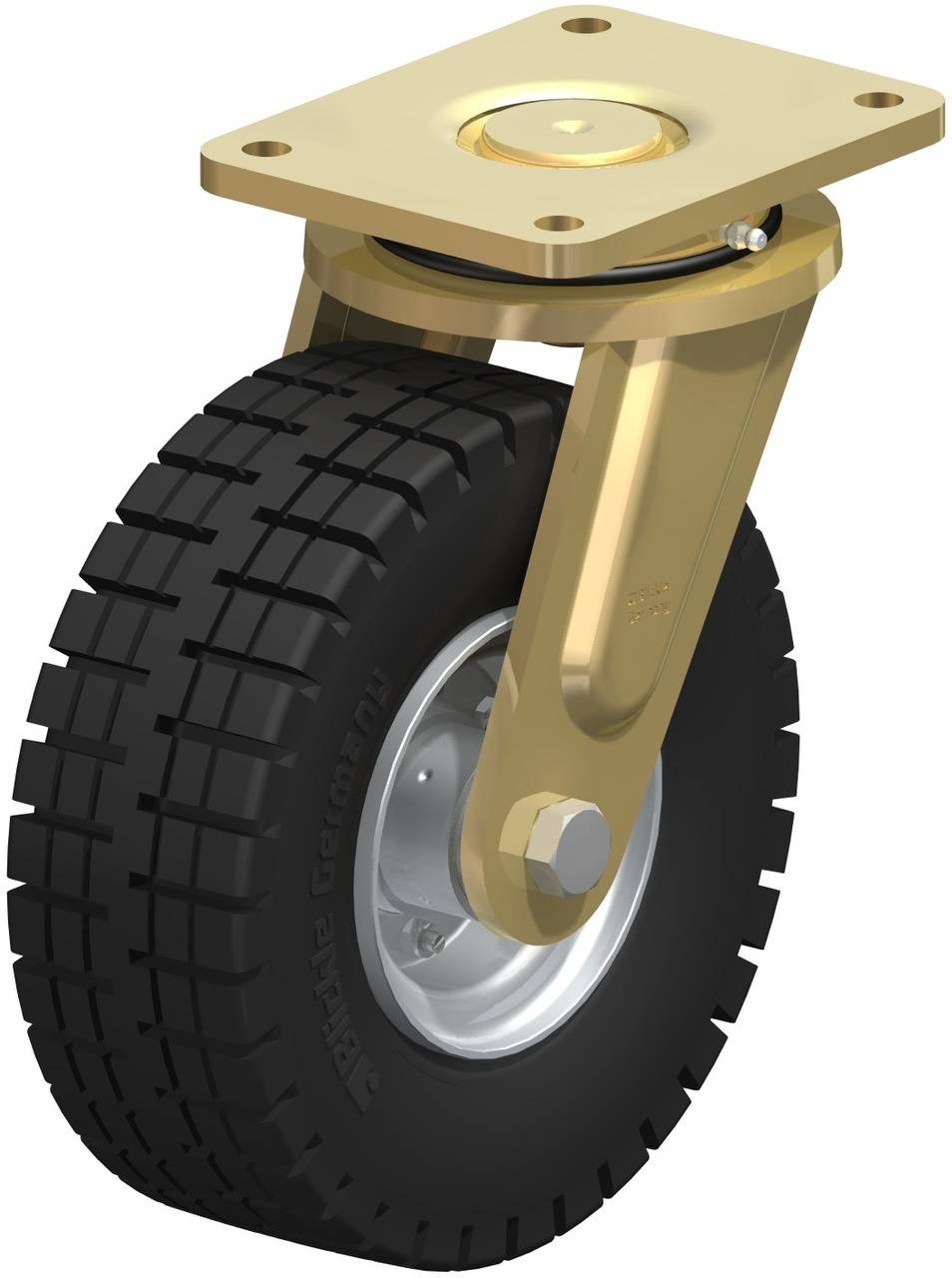 Schwenkbares Industrie-Rad mit schwarzem Reifen und goldfarbenem Metallgehäuse, verwendet für schwere Lasten und Maschinenbewegung.