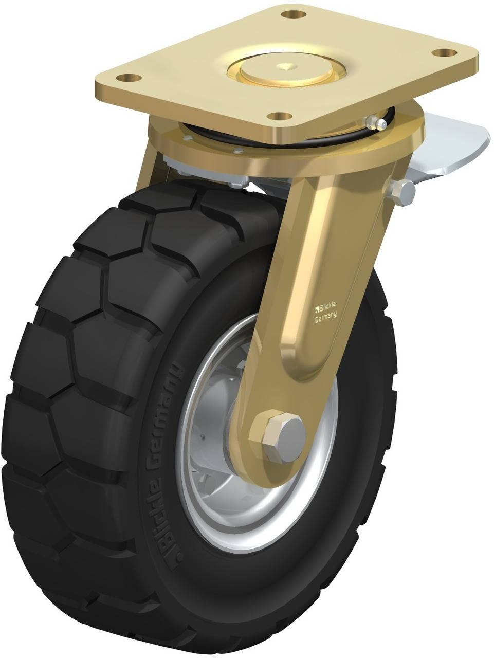 Schwenkbares Industrielenkrolle mit schwarzem Gummireifen und goldener Metallhalterung, geeignet für schwere Lasten.