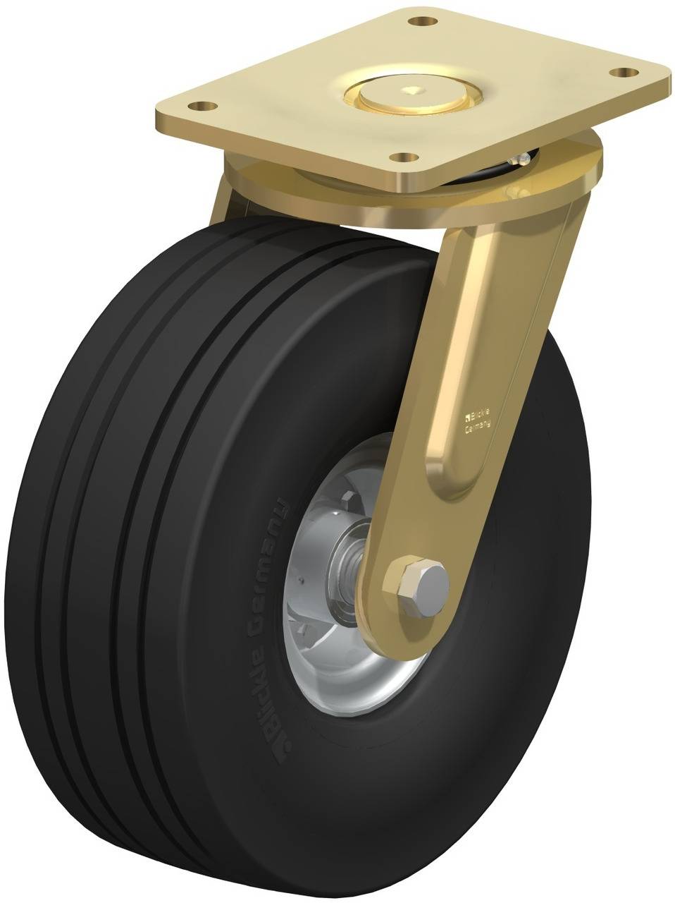 Drehbares Rollrad aus Metall mit schwarzem Gummirad, geeignet für Lastenwagen oder schwere Geräte. Robuste Konstruktion für stabile Bewegung.