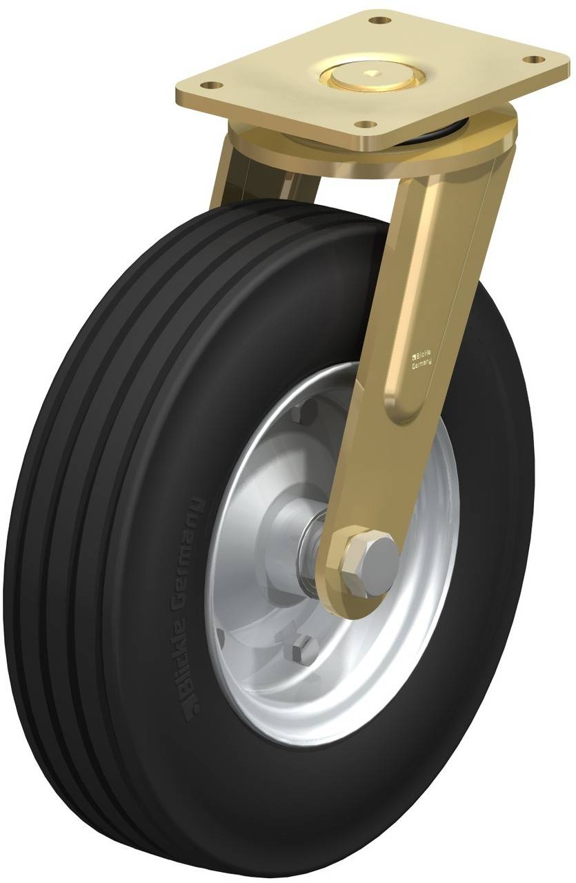 Ein drehbares Rad mit schwarzem Reifen und silbernem Radkern, montiert an einer goldfarbenen Halterung für den Einsatz in Möbelsystemen.