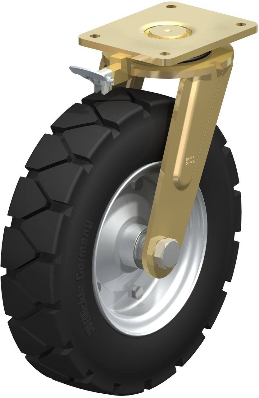 Industrie-Drehrad mit schwarzem Reifen, goldenem Halter und Montageplatte, geeignet für schwere Maschinen oder Transportwagen.