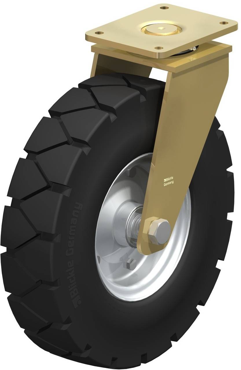 Ein einzelnes schwarzes Gummirad mit silberner Felge und goldener Halterung, vermutlich Teil eines beweglichen Gestells oder Wagens.