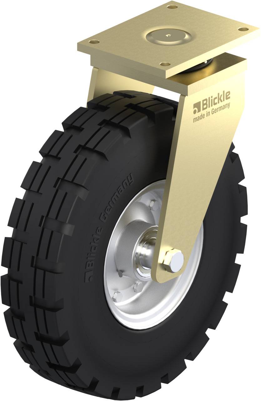 Schwenkrolle mit schwarzem Gummirad und Metallhalterung, geeignet für schwere Lasten. Platte oben zur Befestigung.