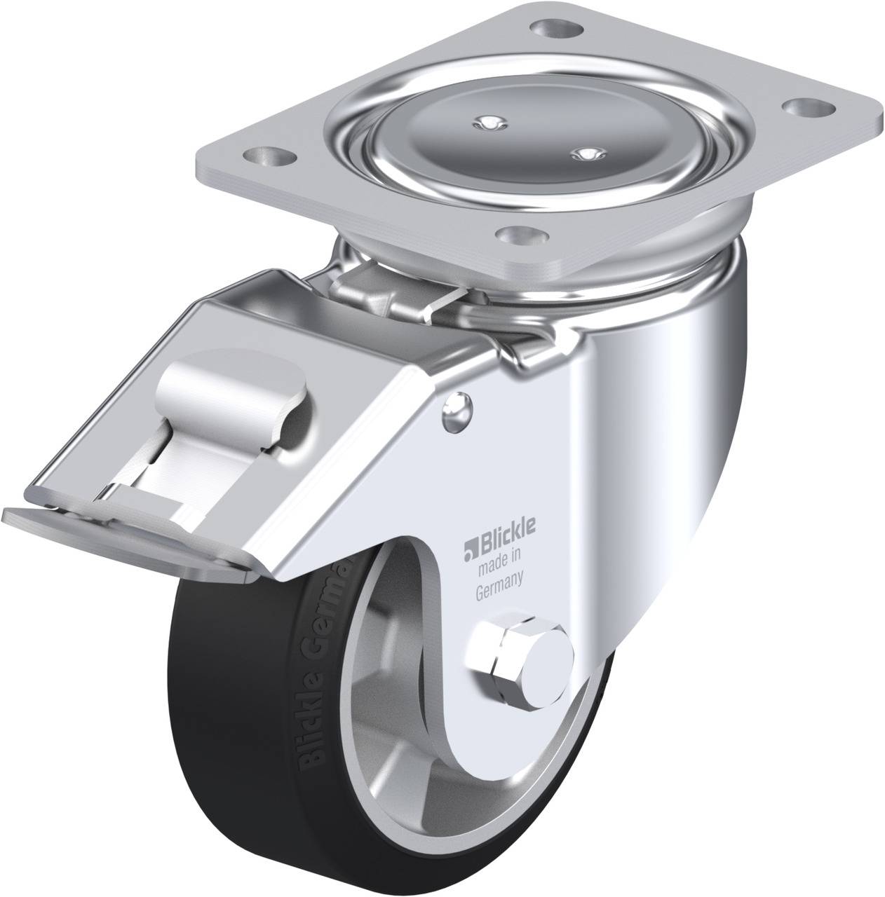 Schwenkrolle aus Metall mit Feststeller, glänzende Oberfläche, schwarzes Rad. Designed für Transportgeräte, hergestellt in Deutschland.
