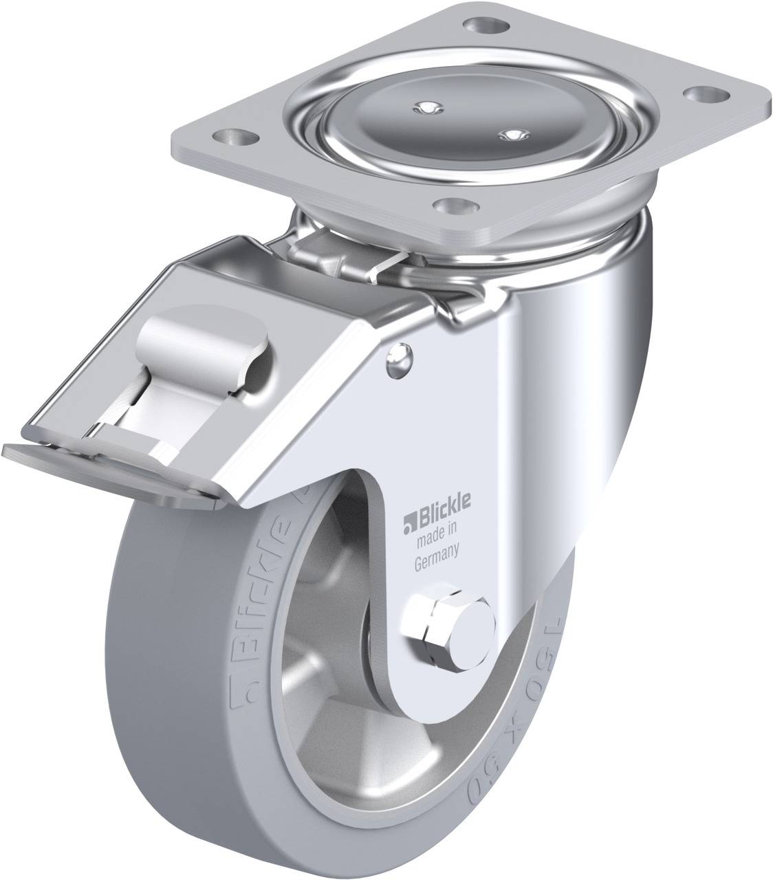 'Blickle' Rollen-Castor mit Platte, drehbar, aus Metall und Gummi, industrieller Einsatz, Markenlogo sichtbar.