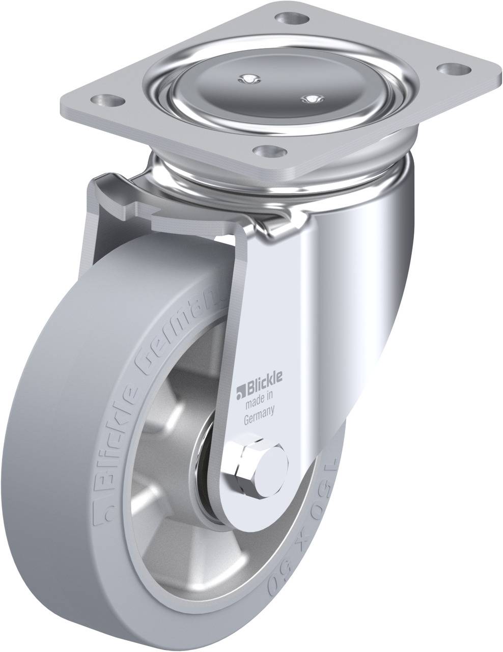 Metallisches Lenkrolle mit grauem Rad, Hersteller 'Blickle', hergestellt in Deutschland. Geeignet für industrielle Anwendungen.